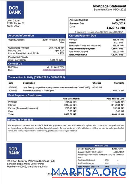 Blank India DCB Bank mortgage statement Word and PDF template